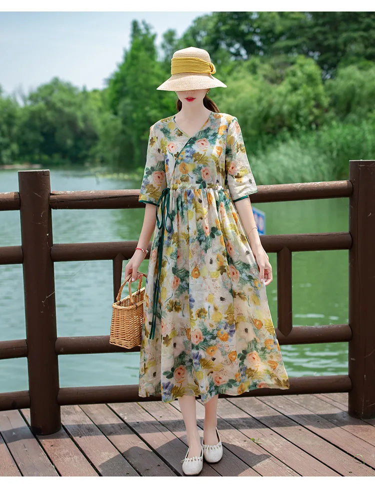 Women's Long Skirt Drawstring Waist Hemp Print A-Line Dress Korean Style Commute Flower Pattern V-Neck Summer Dress