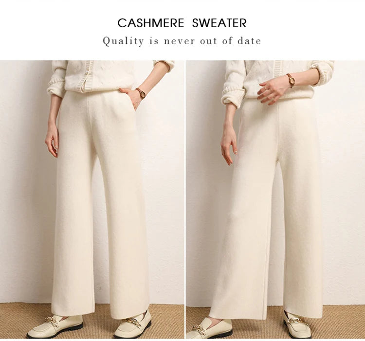 Women's 100% Cashmere Wide Leg Pants Knitted Thick Autumn/Winter Casual Solid Color Elastic Waistband Pockets