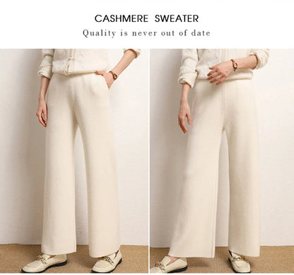 Women's 100% Cashmere Wide Leg Pants Knitted Thick Autumn/Winter Casual Solid Color Elastic Waistband Pockets