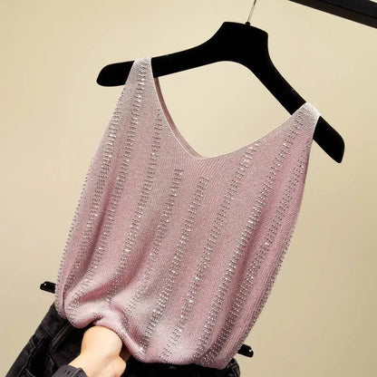 Rhinestones Tank Top Elegant Sleeveless Shiny Loose Knit Camis Corset Summer Women's Tube Top Aesthetic Clothing Korean