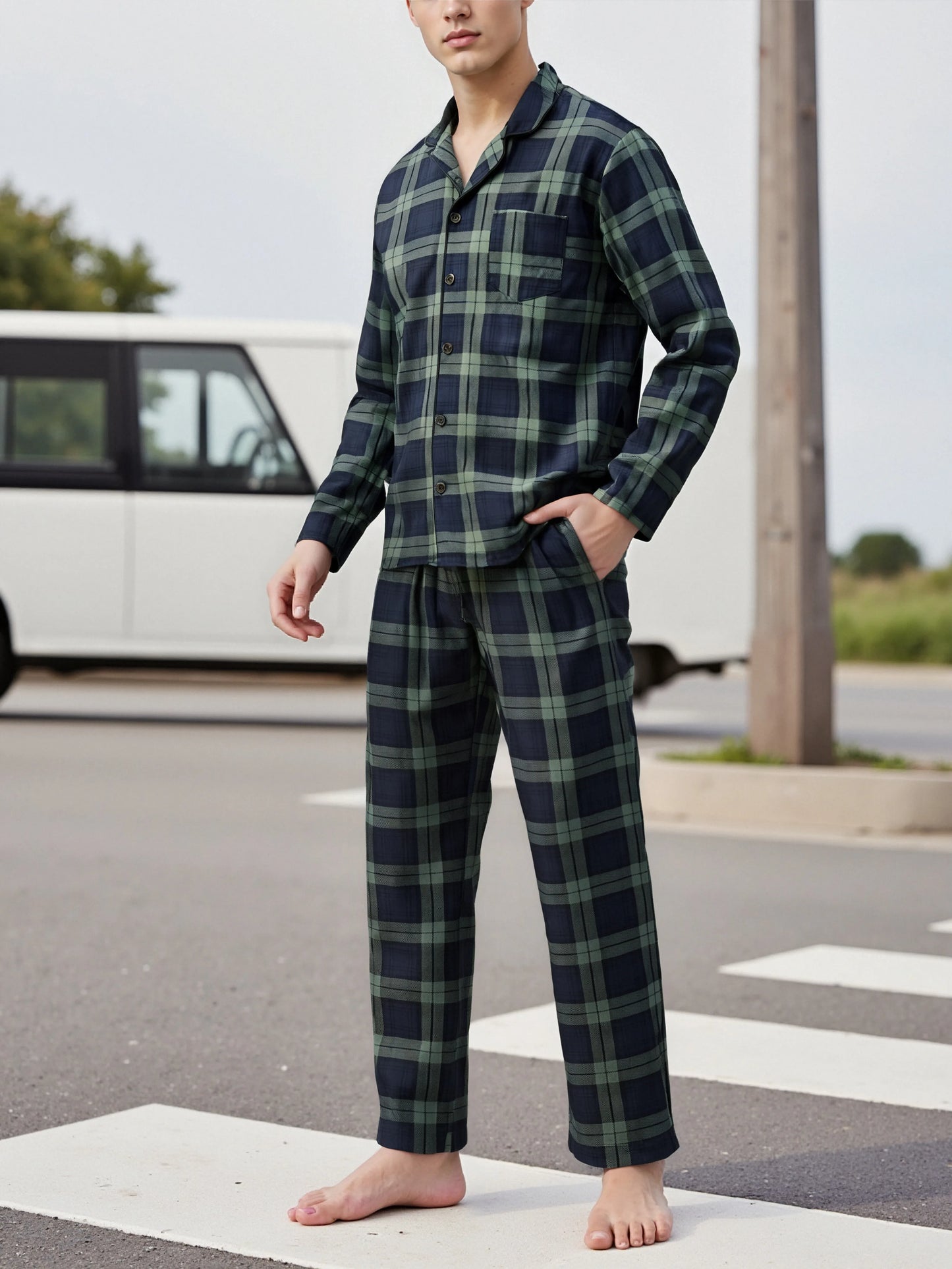 Mens Plaid Pajama Sets Sleep Pajamas for Men Pjs Set Soft Lounge Sleepwear Pj Bottoms with Pockets Pjs Shirts