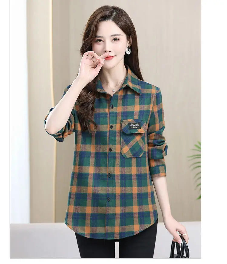 Loose Long Sleeve Mom Shirt Women's New Style Slimming Age-Defying Outerwear Versatile Early Autumn Plaid Outfit  Collar