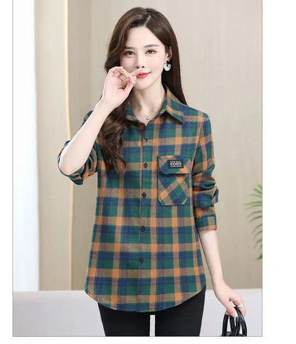 Loose Long Sleeve Mom Shirt Women's New Style Slimming Age-Defying Outerwear Versatile Early Autumn Plaid Outfit  Collar