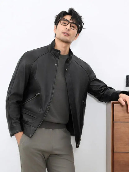 New Designer Men Natural Real Sheepskin Jacket Stand Collar Business Work Soft Genuine Leather Jacket Zip Casual Punk Style Coat