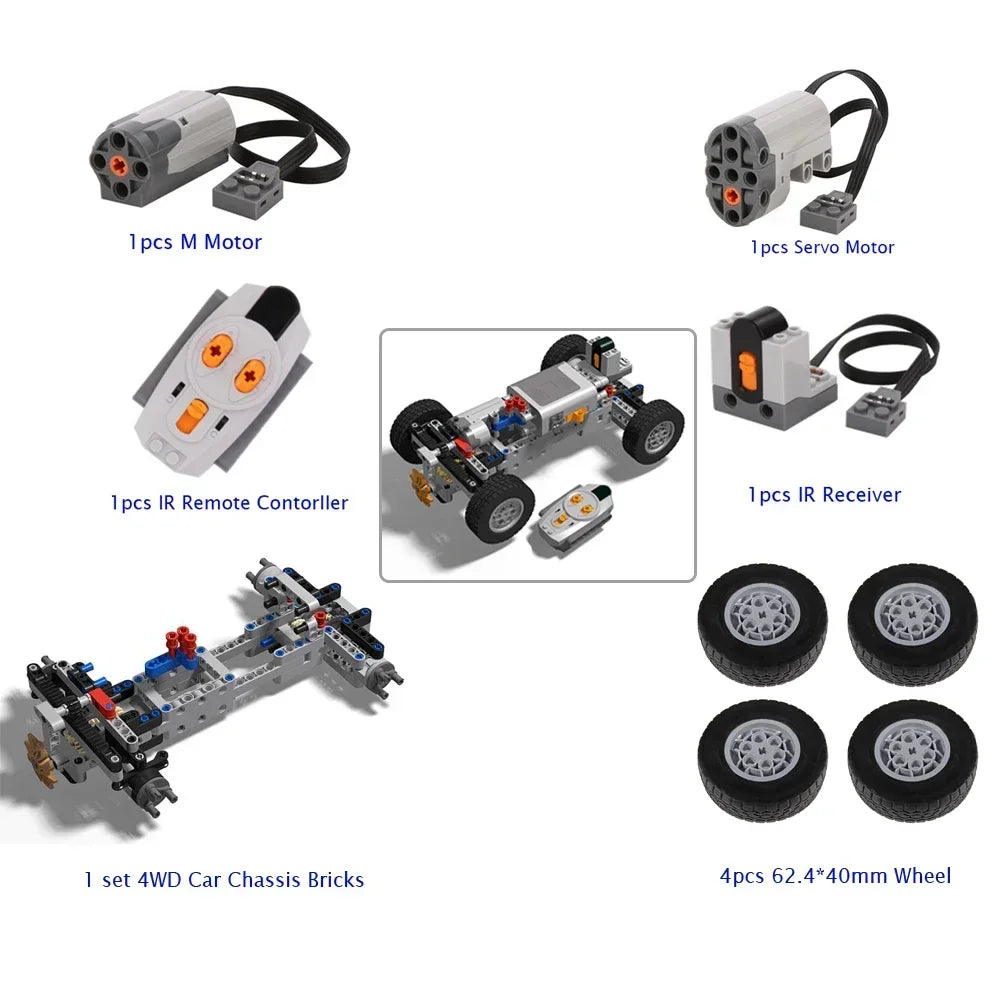 4WD Technical Car Chassis Bricks Kit with IR Remote Control/M Servo Motor/AA Battery Box for Legoeds MOC Bricks Toys