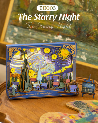 Robotime The Starry Night Wall Art Moving 3D Wooden Puzzle with LED Light Gears Interactive Desk Decor Unique DIY Gift for Adult