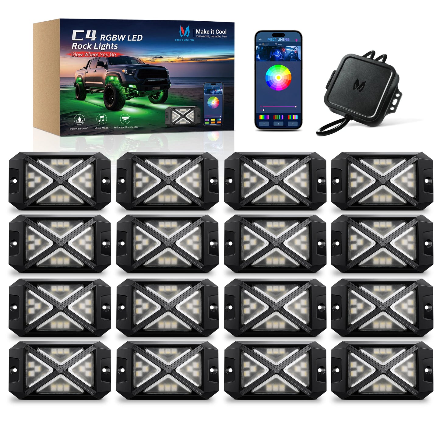 C4 RGBW LED Rock Lights,IP68 Waterproof 16 Pods 360° Ultra-Bright  4-Sided Wide Beam Angle Underglow Neon Accent Lighting Kit