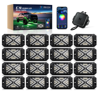 C4 RGBW LED Rock Lights,IP68 Waterproof 16 Pods 360° Ultra-Bright  4-Sided Wide Beam Angle Underglow Neon Accent Lighting Kit