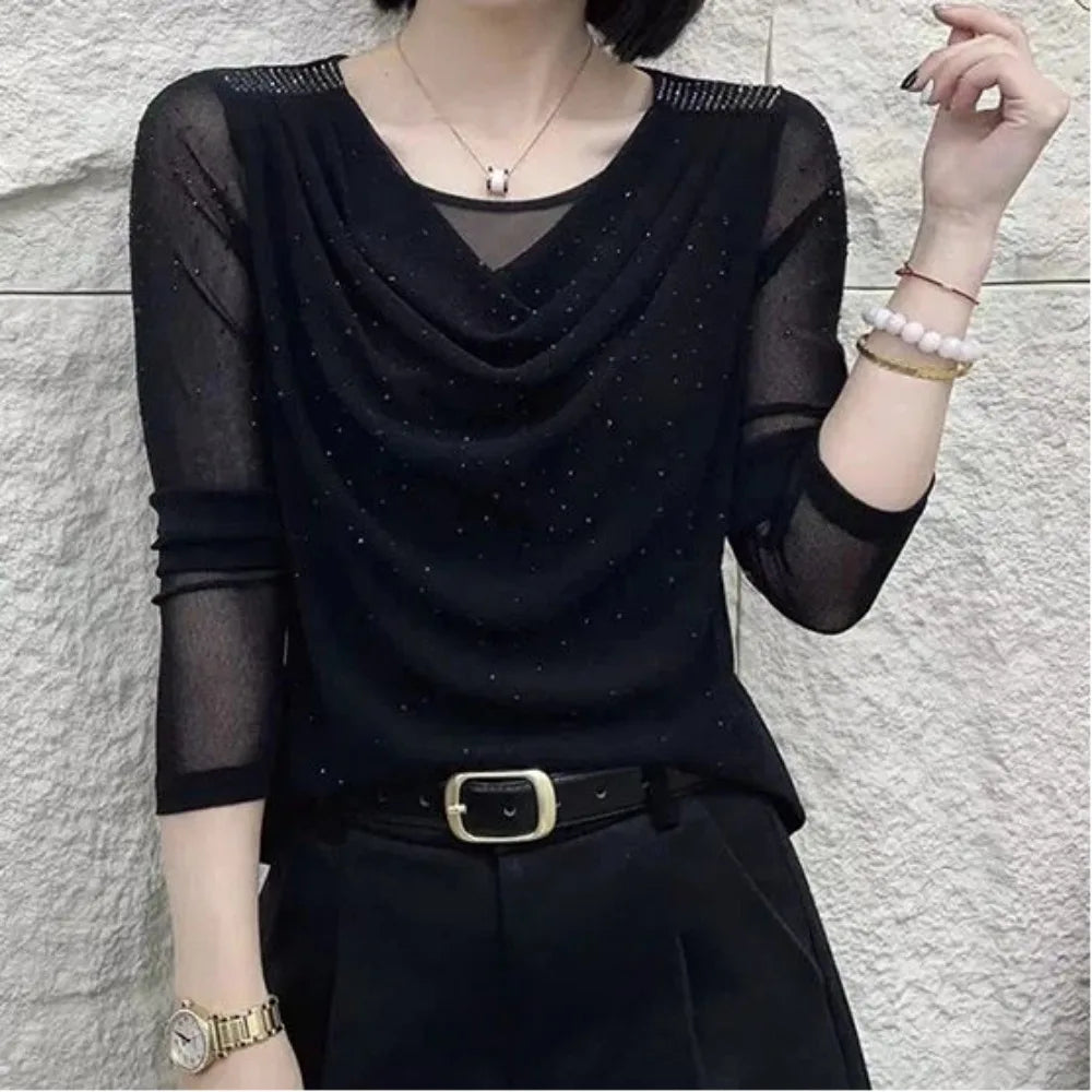Ladies Fashion Slim Simplicity Elegant Trend Sexy Temperament Solid Color Long Sleeve Net Yarn Pullover Summer New Style Tops