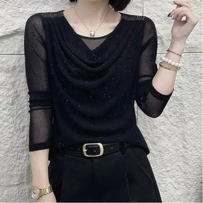 Ladies Fashion Slim Simplicity Elegant Trend Sexy Temperament Solid Color Long Sleeve Net Yarn Pullover Summer New Style Tops