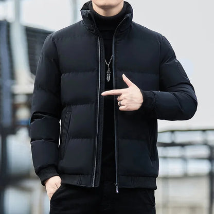 New  Men's Casual Cotton-padded Coat Winter Warm Thickened Solid Color Jacket Stand Collar Trendy Korean Style Fit Padded Jacket