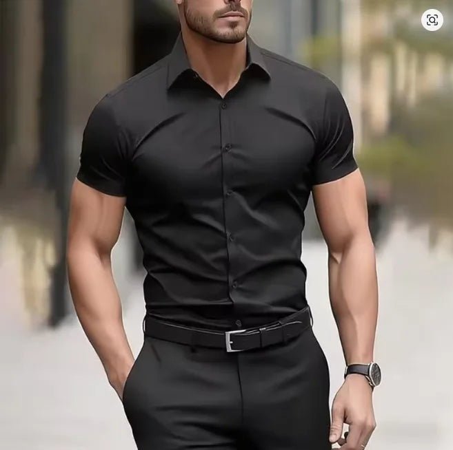 Men's Summer Business Shirt Short Sleeve Stretch Fabric Black Without Pocket Slim Fit Male Social Dress Shirt High Quality 5XL