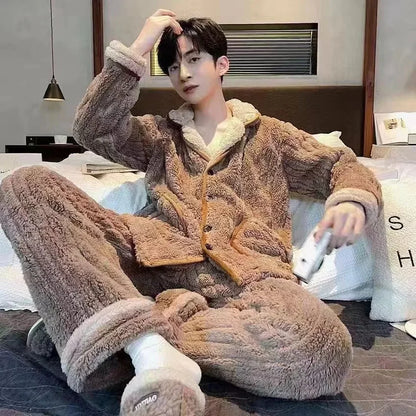 Winter Men's Sleep Pyjamas Coral Velvet Thickened and Fleece Long Sleeve Trousers Flannel Two-piece Set Thermal Pajamas