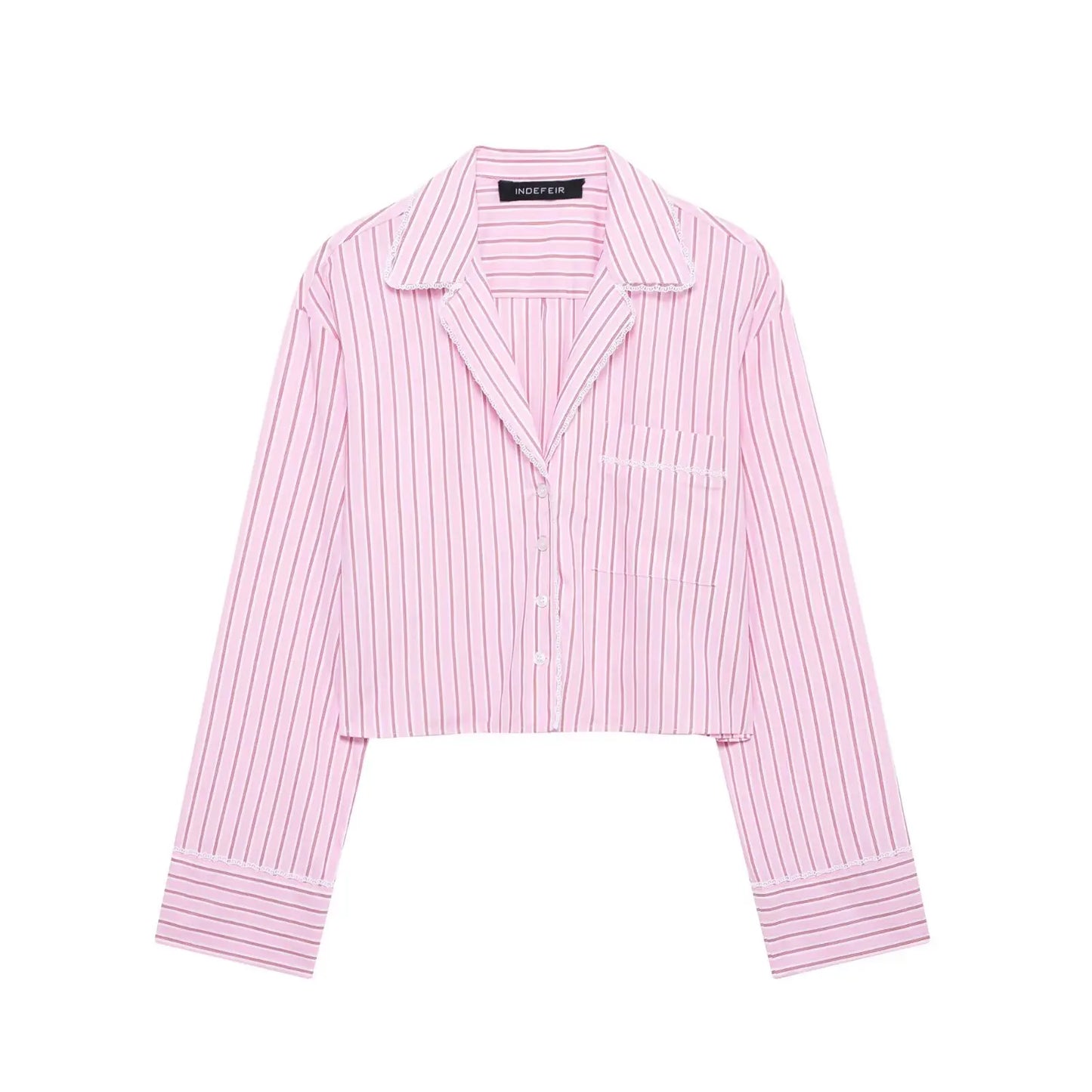 HH Women Striped Pants Suit Lapel Pocket Single-breasted Blouse+Side Zipper Lace Short Top+High Waist With Belt Poplin Pant