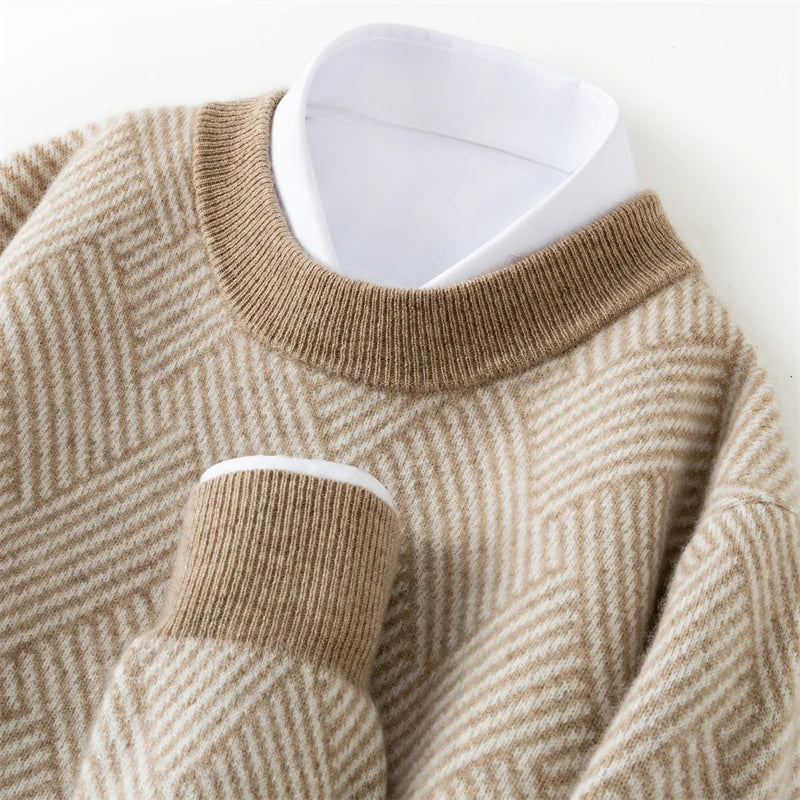 Autumn and winter new thick 100% pure cashmere men's round neck jacquard loose color matching leisure sweater cashmere sweater