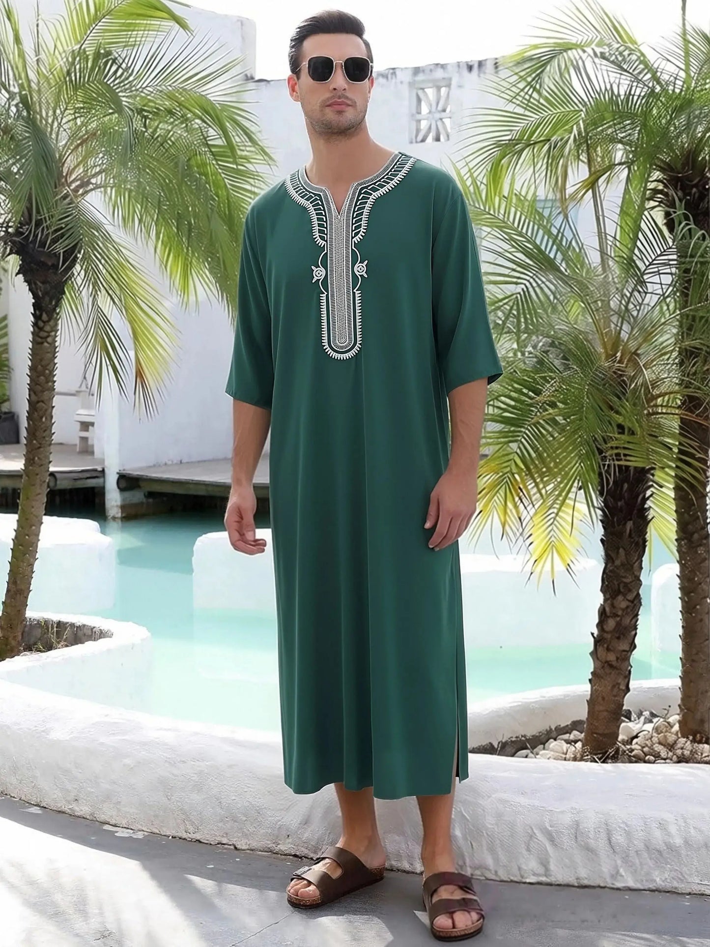Islamic Men's Short Sleeve Embroidered Moroccan Loose Ethnic Arabic Thoub