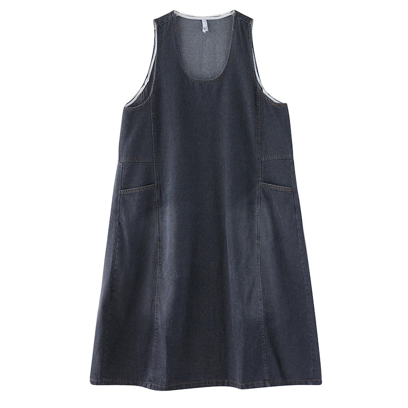 Artistic Loose Long Denim Vest Skirt Women's High Waist over Knee Slimming Cotton Casual Style Floral Embroidery Autumn Wear