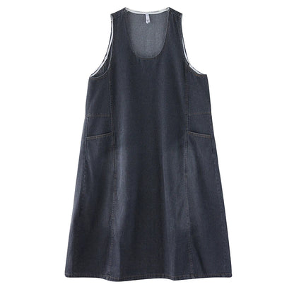Artistic Loose Long Denim Vest Skirt Women's High Waist over Knee Slimming Cotton Casual Style Floral Embroidery Autumn Wear