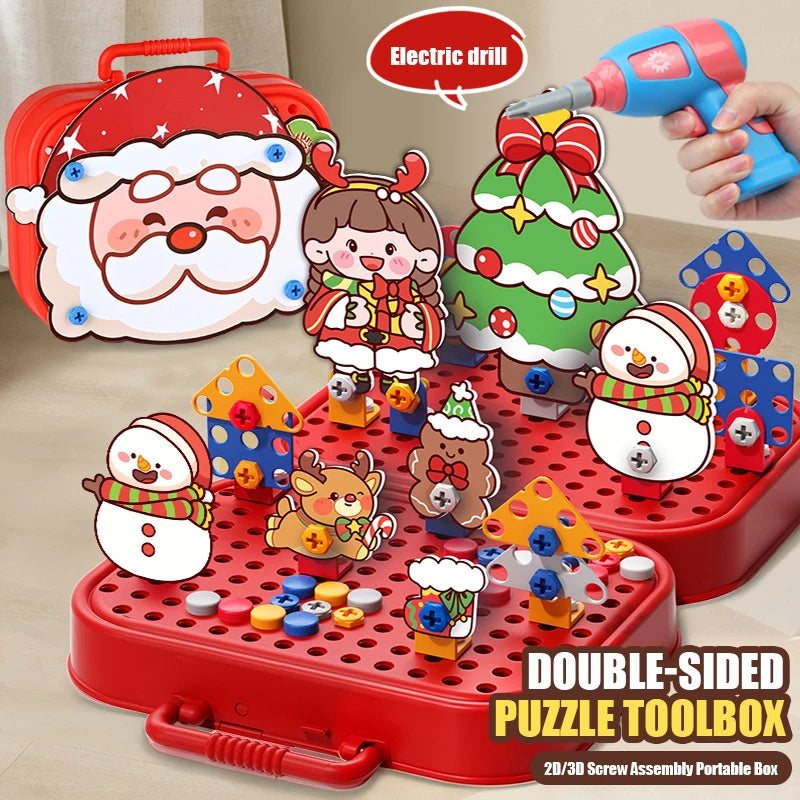 Christmas Pretend Repair Toolbox with Electric Screwdriver DIY 2D/3D Creative Building Puzzle Toy Screw Tool Set for Kids Gifts