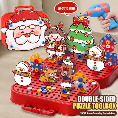Christmas Pretend Repair Toolbox with Electric Screwdriver DIY 2D/3D Creative Building Puzzle Toy Screw Tool Set for Kids Gifts