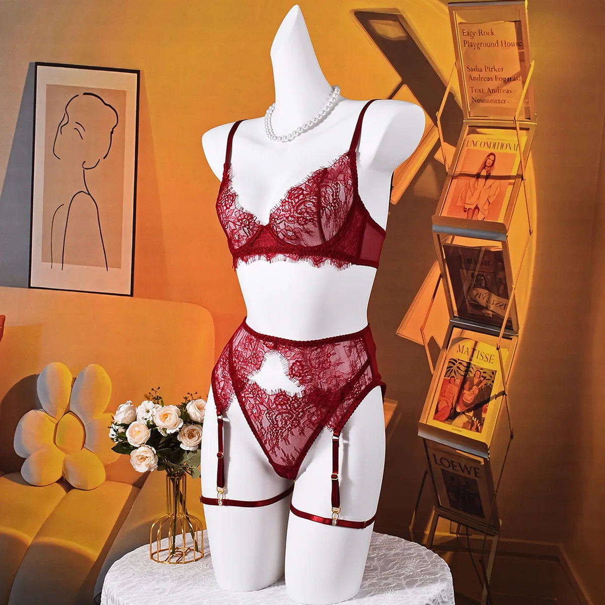 Ellolace Solid Lingeries Sexy Hot Elegant Bra Belt Thong 3PC with Leg Circles Cute Intimate Seductive Lace Tempted Underwear