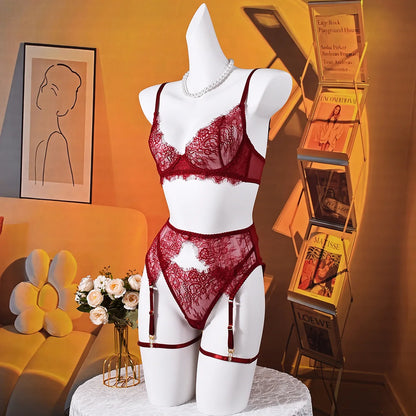 Ellolace Solid Lingeries Sexy Hot Elegant Bra Belt Thong 3PC with Leg Circles Cute Intimate Seductive Lace Tempted Underwear