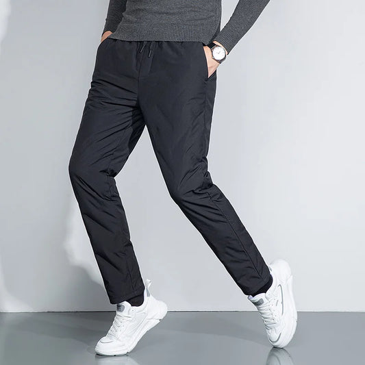 Winter Men Warm Puff Pant Black Thermal Goose Down Straight Trouser Adjustable Lacing Up Elastic Waist Design Cosy Menswear