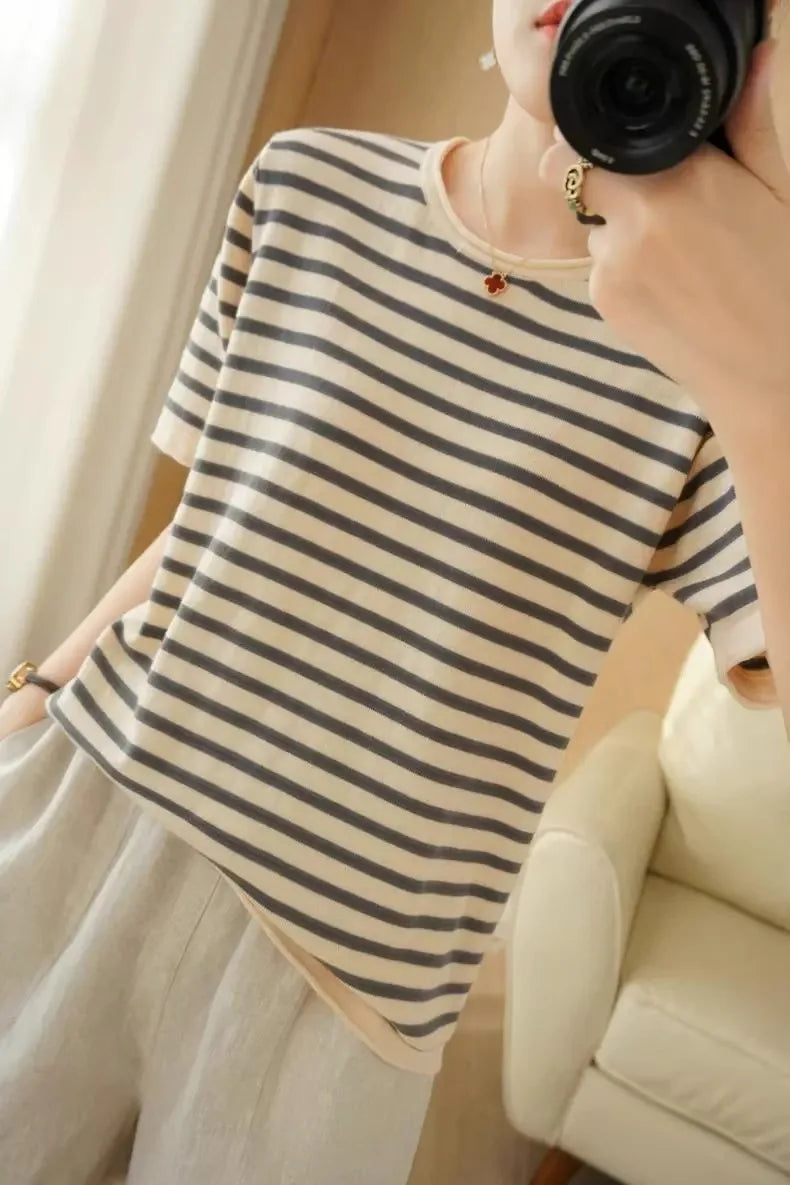 100% Pure Cotton Summer Stripe Short Sleeve T-Shirt Women Loose round Neck Vest Cotton Linen Half Sleeve Commute Style Simple