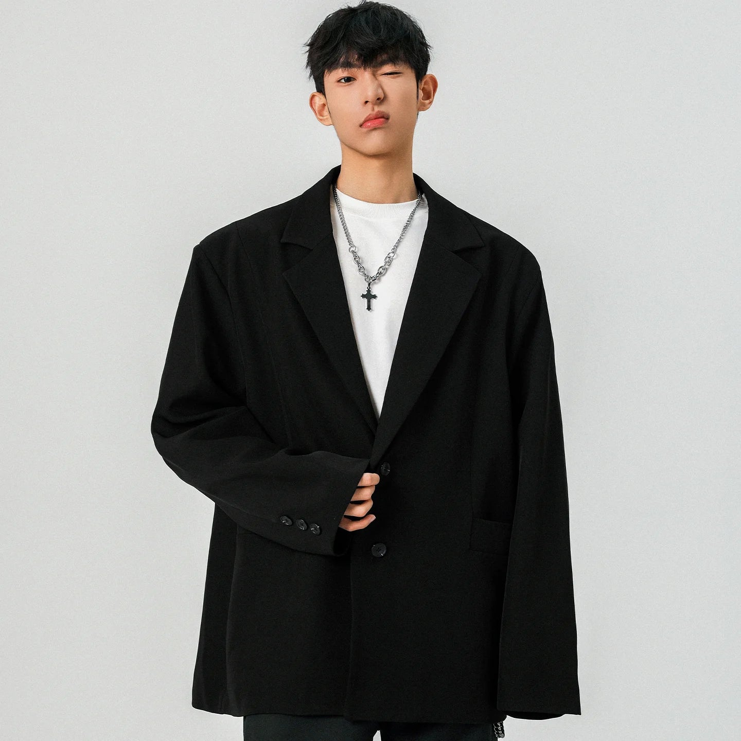 Mens Oversized Blazer Jacket Korean Streetwear Loose Fit Casual Suit Coat City Boy Spliced Outerwear Y2K Baggy Clothes K-Fashion