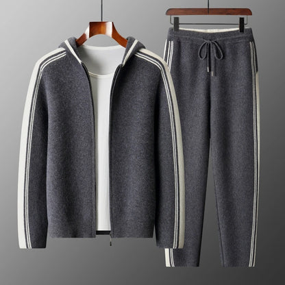 100% wool men's matching set hooded collar zipper cardigan jacket casual knitt pants pocket loose 2-piece set sports suit stripe