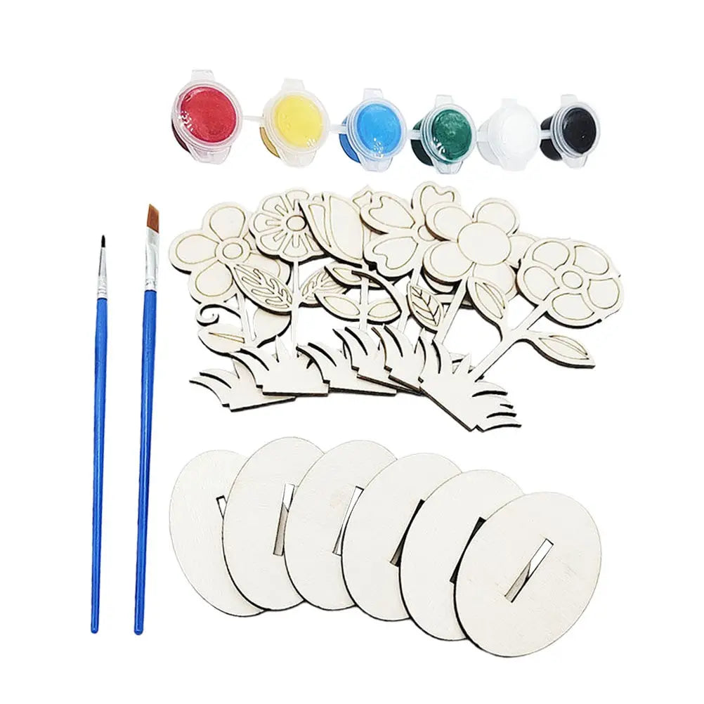 1Set Wooden Kids Painting Kit DIY Color Mixing Learning Set Creative Arts Craft Supply for Boys Girls Easter Holiday Home School