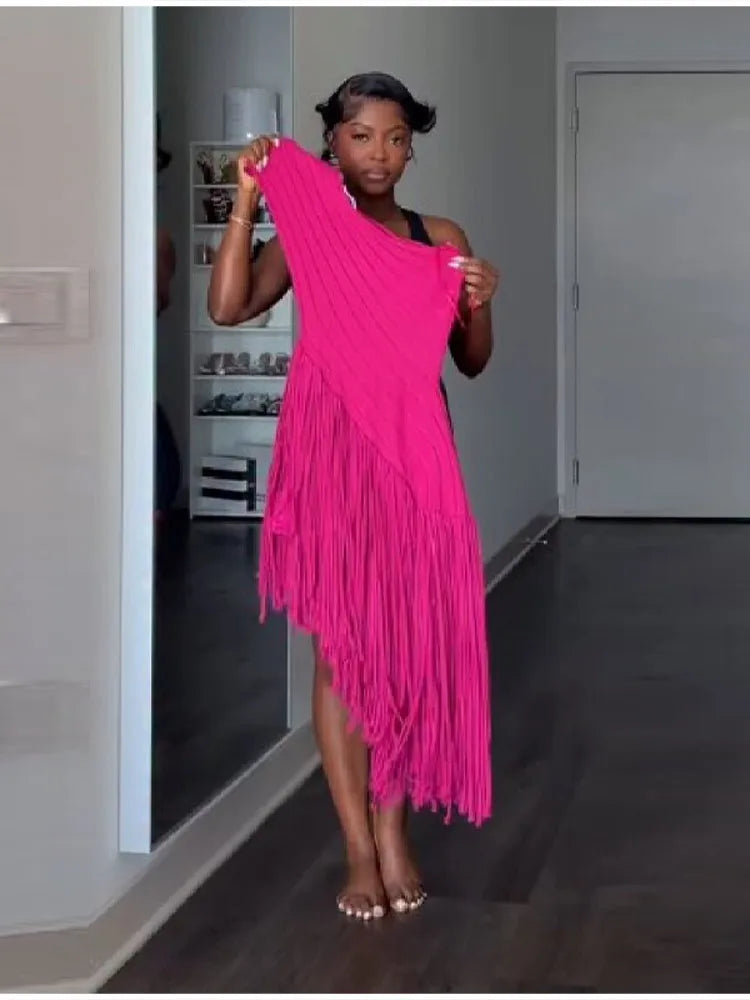 Women New Trend Sexy Fringe Pure Color Skirt  Irregular Cut Backless Sleeveless Party Dresses Stylish Date club Evening Gown