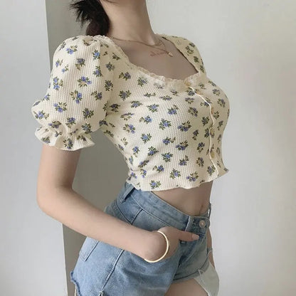 Floral Print Square Neck Short Sleeve Slim Fit T-Shirt Women's Summer 2026 New Bubble Sleeve Belly Baring Trendy Top