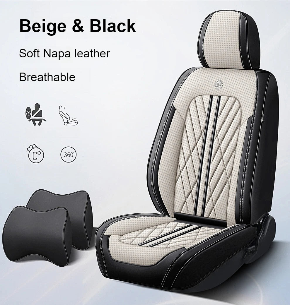 Universal fitting waterproof breathable soft Napa leather car seat cover set for cushion protection. Suitable for sedan and SUV