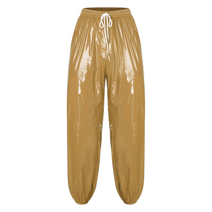 Mens Shiny Waterproof Jogging Pants Y2K Drawstring Waistband Side Pockets Trousers Track Baggy Glossy Pants Hip Hop Trousers