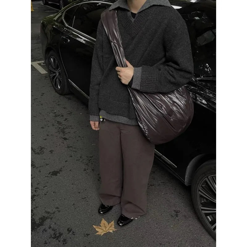 Retro fake two piece V-neck sweater men's winter lapel old money style knitted sweater top lazy style jacket