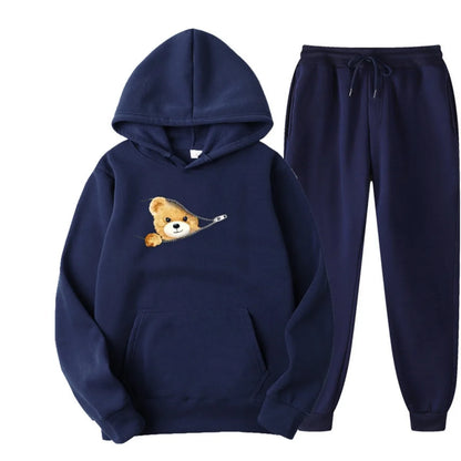 Autumn and Winter Men's and Women's 100% Pure Cotton Casual Loose Cartoon Cute Bear Print Sports Comfortable Hoodie Set