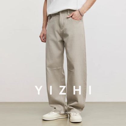 Fashion Men's American Retro Draping Vintage Cut-Off Jeans 2026 Summer Cotton Blend Loose Casual Straight Wide Leg Pants