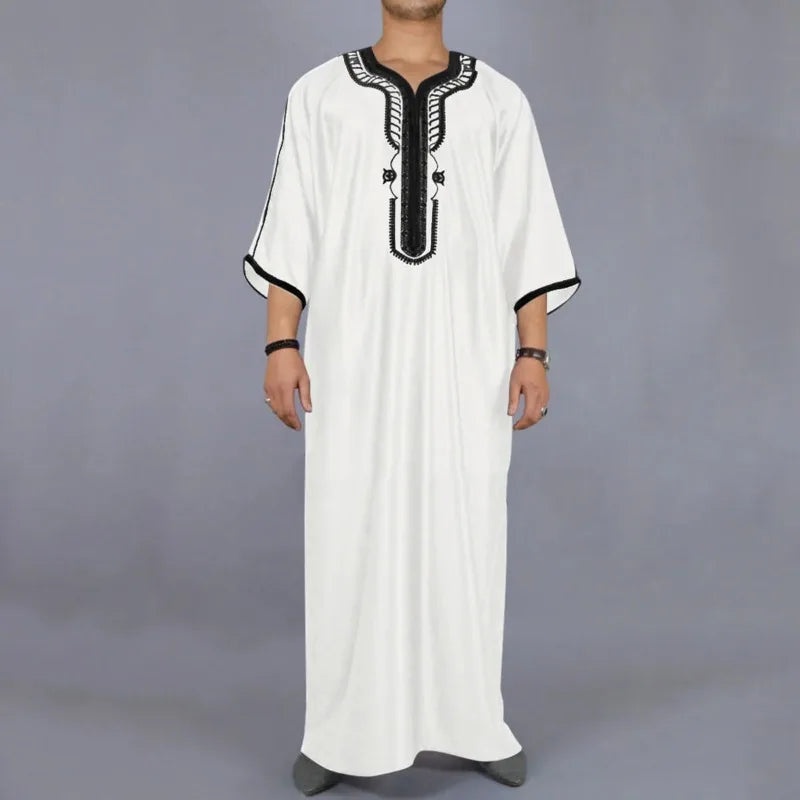 Ethnic Clothing Outfit Mens Plain Black Muslim Embroidered Robe Long Shirt Casual Youth Traditional Daily Fashion