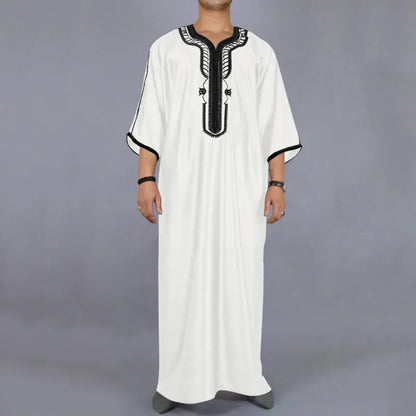 Ethnic Clothing Outfit Mens Plain Black Muslim Embroidered Robe Long Shirt Casual Youth Traditional Daily Fashion