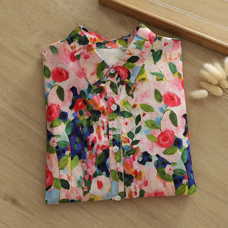 Vacation Style Colorful Printed Shirt Women 2024 New Fresh Loose Women's Casual Shirt & Blouses Lady Long Sleeve Tops Clothes