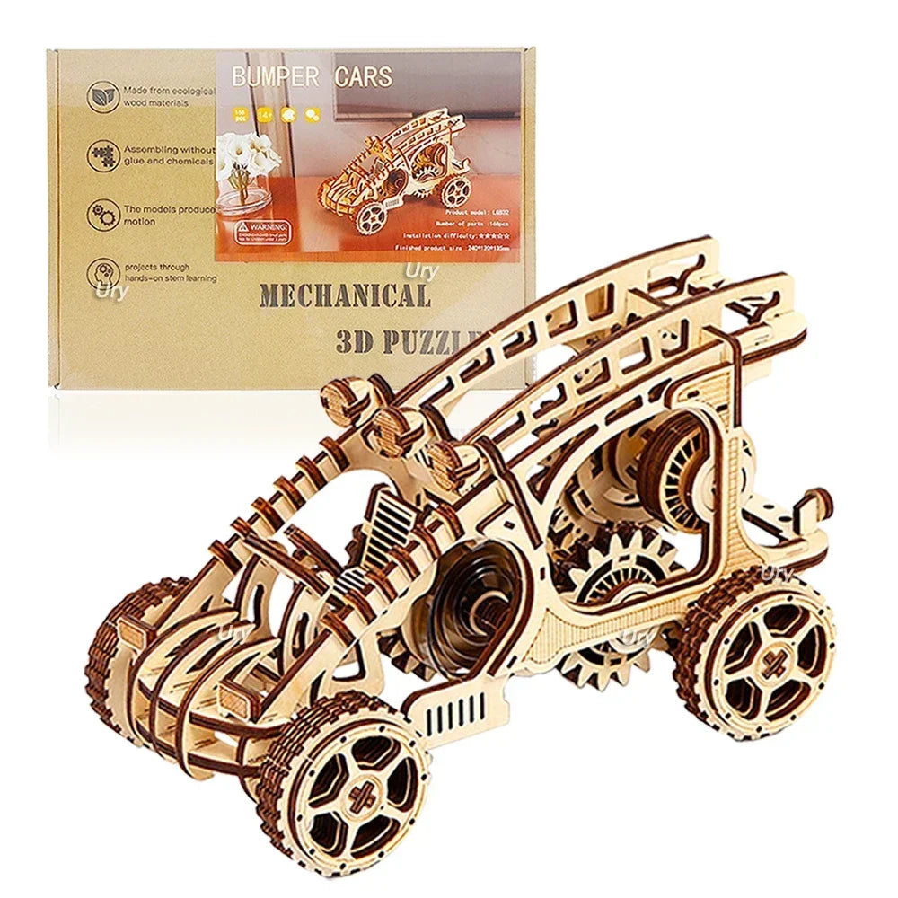 Ury 3D Wooden Puzzle Movable Retro Biplane Crane Bulldozer Handmade Assembly Truck Model DIY Toys Decoration Gift For