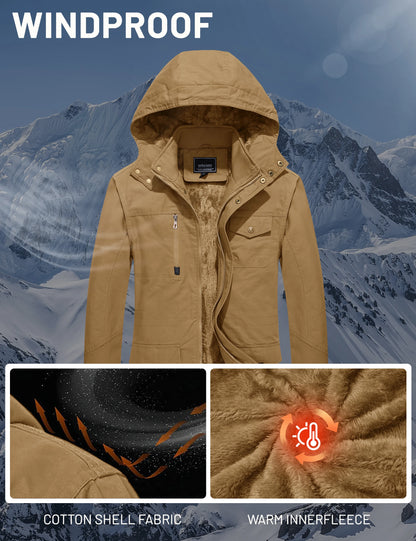 TACVASEN Mens Fleece Lined Winter Warm Jacket Detachable Hood With 6 Multi-Pocket Parka Coat Windproof Outdoor Hiking Daily Coat