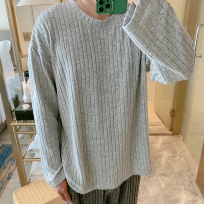 Grey Knitted Fleece Lined Long Sleeve Sleepwear Set for Men Autumn Winter Warm Home Clothes Set Large Size Comfortable Leisure