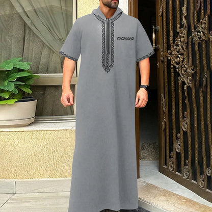 2025Moroccan Men's Thobe Short-Sleeved Embroidered Hood MuslimIslamicLooseJelleba Abaya - New Edition