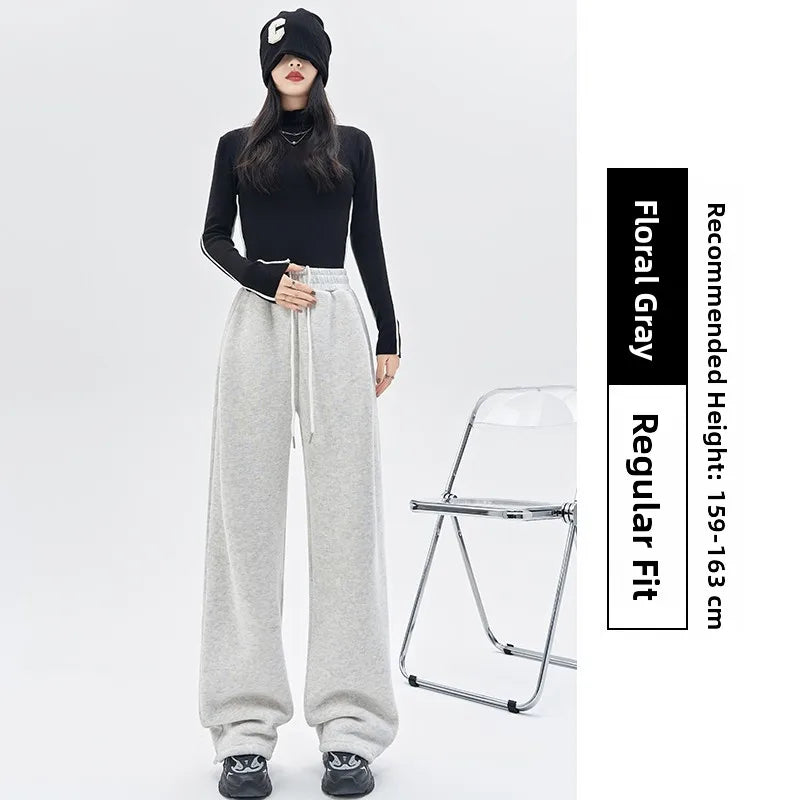 Gray Lamb Velvet Sport Pants Women's High Waist Drapey Fleece Wide Leg Casual Small Size Thickened Cotton Pants
