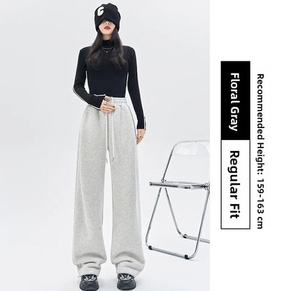 Gray Lamb Velvet Sport Pants Women's High Waist Drapey Fleece Wide Leg Casual Small Size Thickened Cotton Pants
