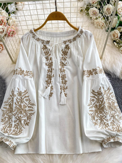 Bohemian Vacation Style Women's Shirt round Neck Lantern Sleeve Embroidery Heavy Work Autumn Design Sense Knot Design Top
