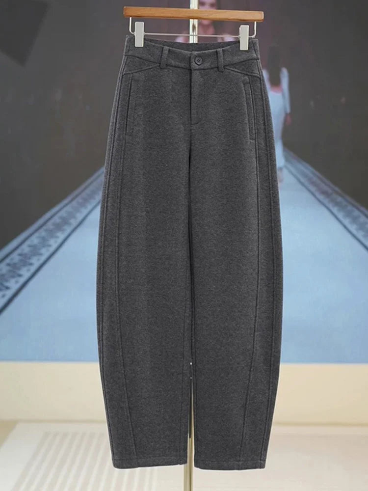High Waist Grey Woolen Knife Pants Women's Casual Autumn Winter Straight Leg Trousers Commute Style Korean Fashion