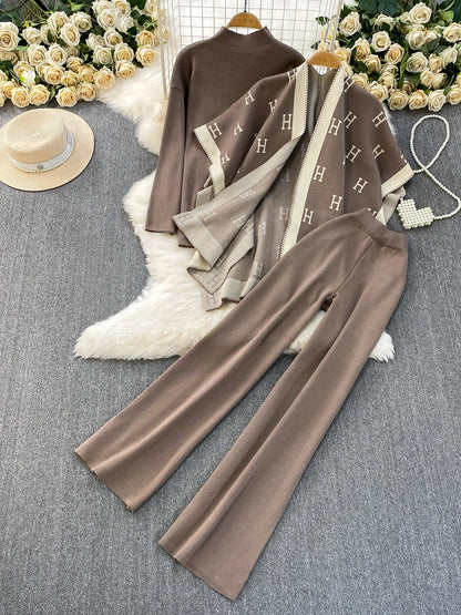 Faionable Knitted Tee-Piece Set Women's Loose Fit Autumn Winter Cardigan Embroidered Letter Sweatirt Wide Leg Pants